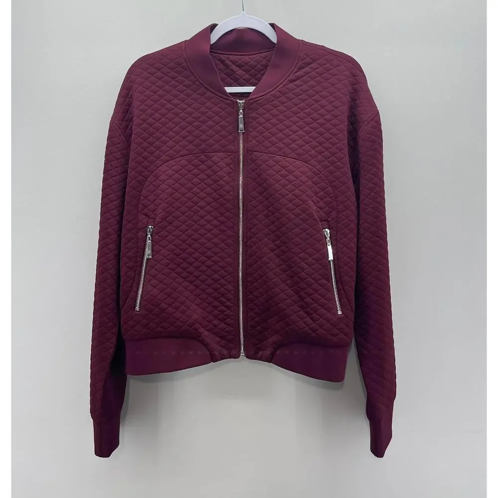 BuffBunny Burgundy Rose Arnold Quilted Bomber Jacket Silver Front Zipper Pockets